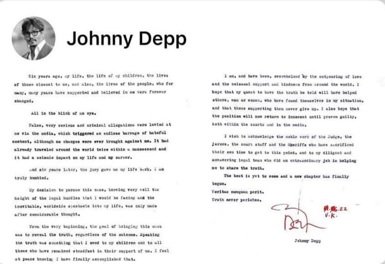 رسالة من جوني ديب بعد تغريم المحكمة أمير هيرد ١٥ مليون دولار على خلفية التشهير به