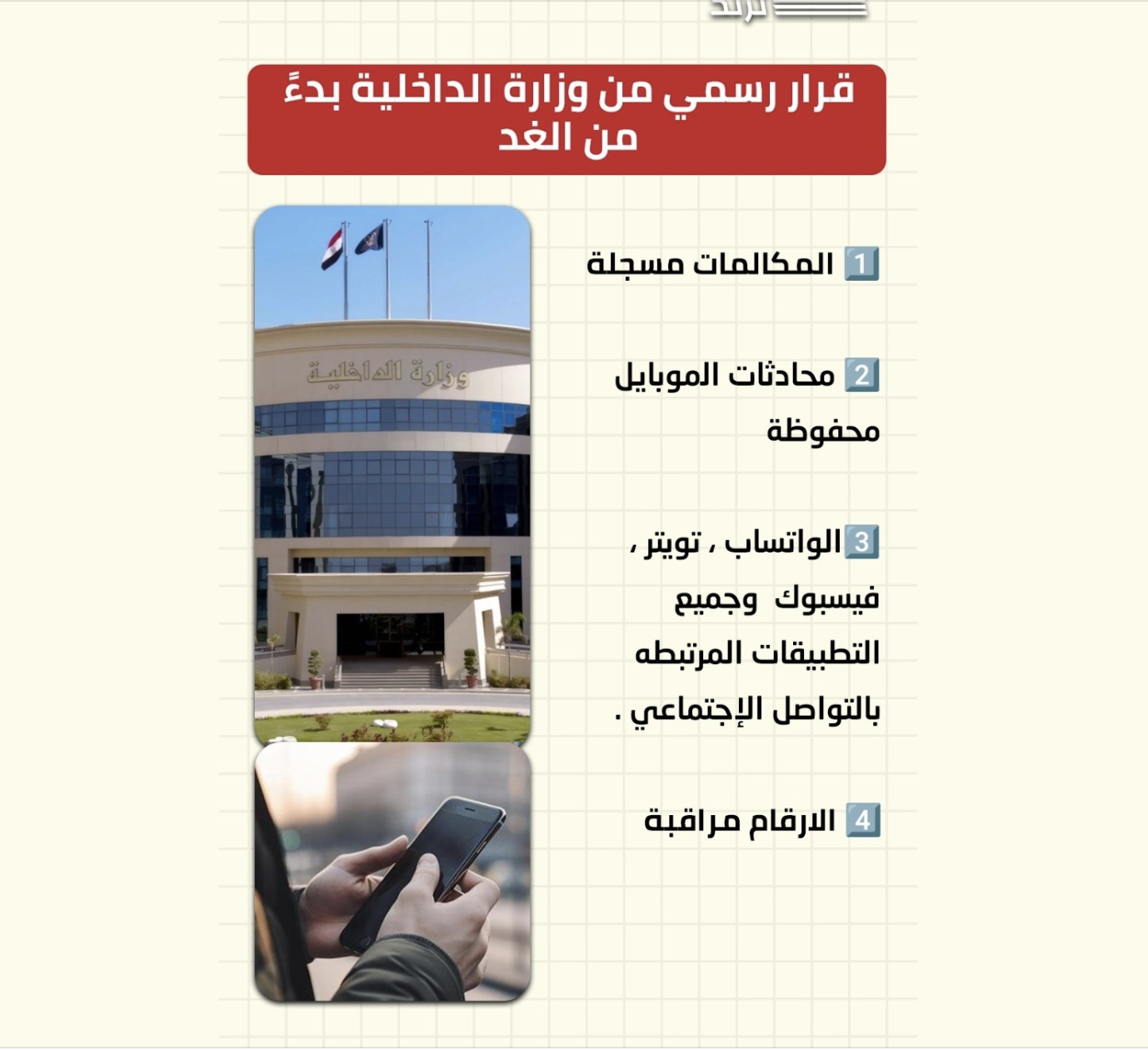 وزارة الداخلية  تبدأ في تسجيل المكالمات و التجسس على محادثات واتساب